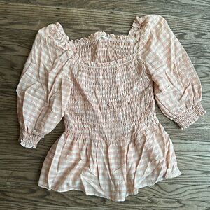 Max Studio Top Women's Peach Check Smocked 3/4 Sleeve Peplum Pullover XL EUC